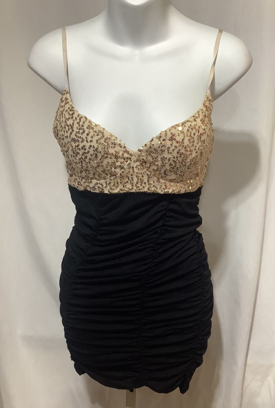 NWT Sequin Bustier Ruched Bodycon Mini Dress Gold Black SM S M Party Glam